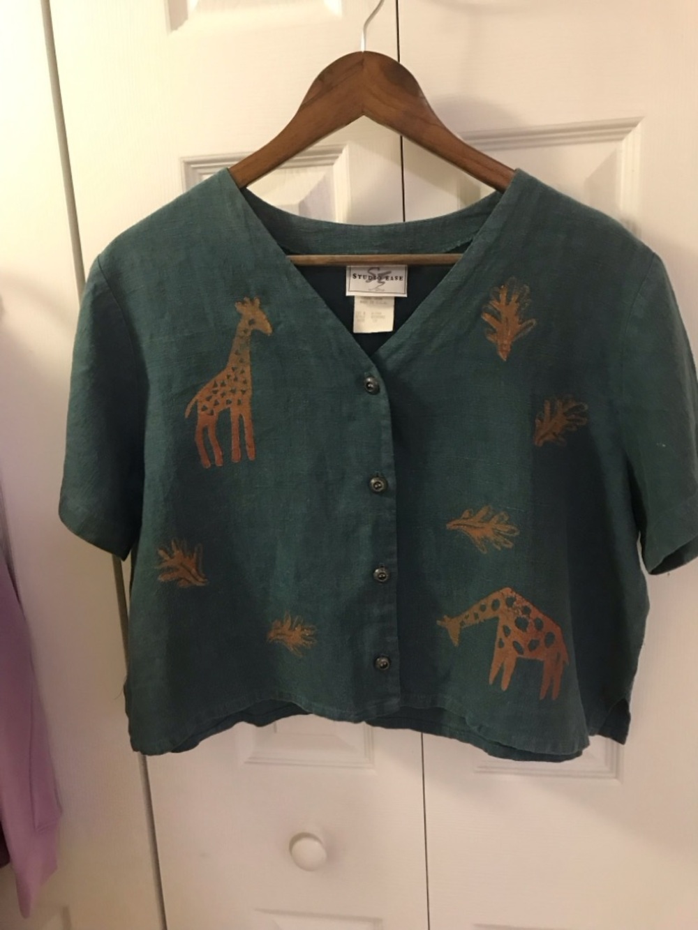 Seba Studio Teal Short-Sleeve Button-Down Top with Giraffe Print